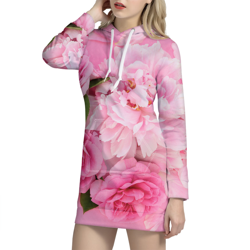 Peony And Rose Print Pullover Hoodie Dress