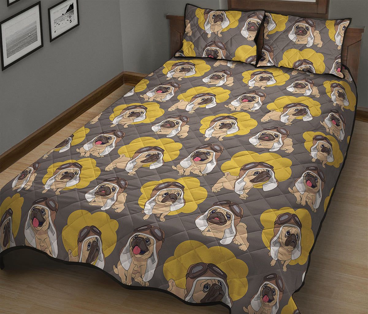 Pilot Pug Pattern Print Quilt Bed Set