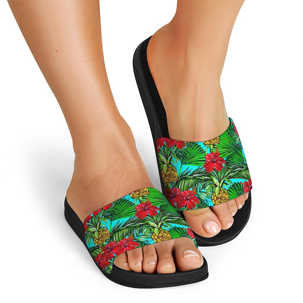 Pineapple Hibiscus Hawaii Pattern Print Black Slide Sandals