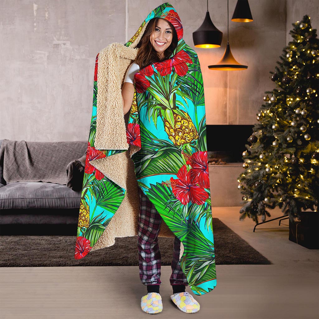 Pineapple Hibiscus Hawaii Pattern Print Hooded Blanket
