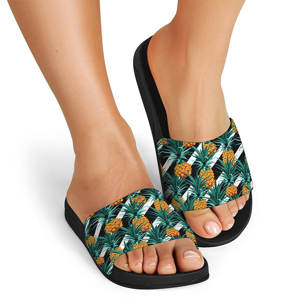 Pineapple Striped Pattern Print Black Slide Sandals