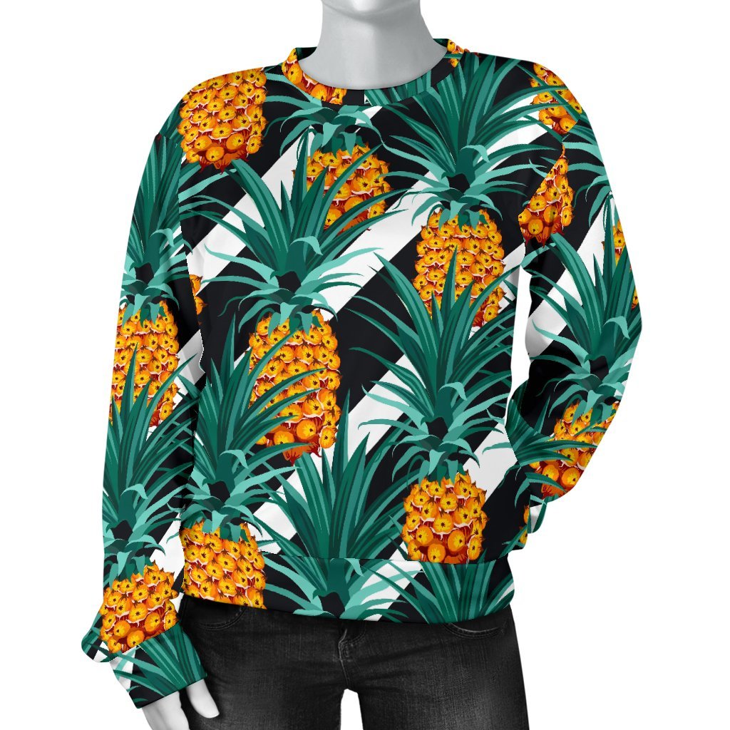 Pineapple Striped Pattern Print Women's Crewneck Sweatshirt GearFrost