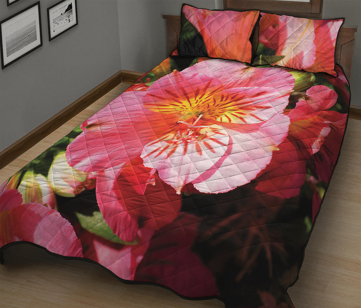 Pink Alstroemeria Print Quilt Bed Set
