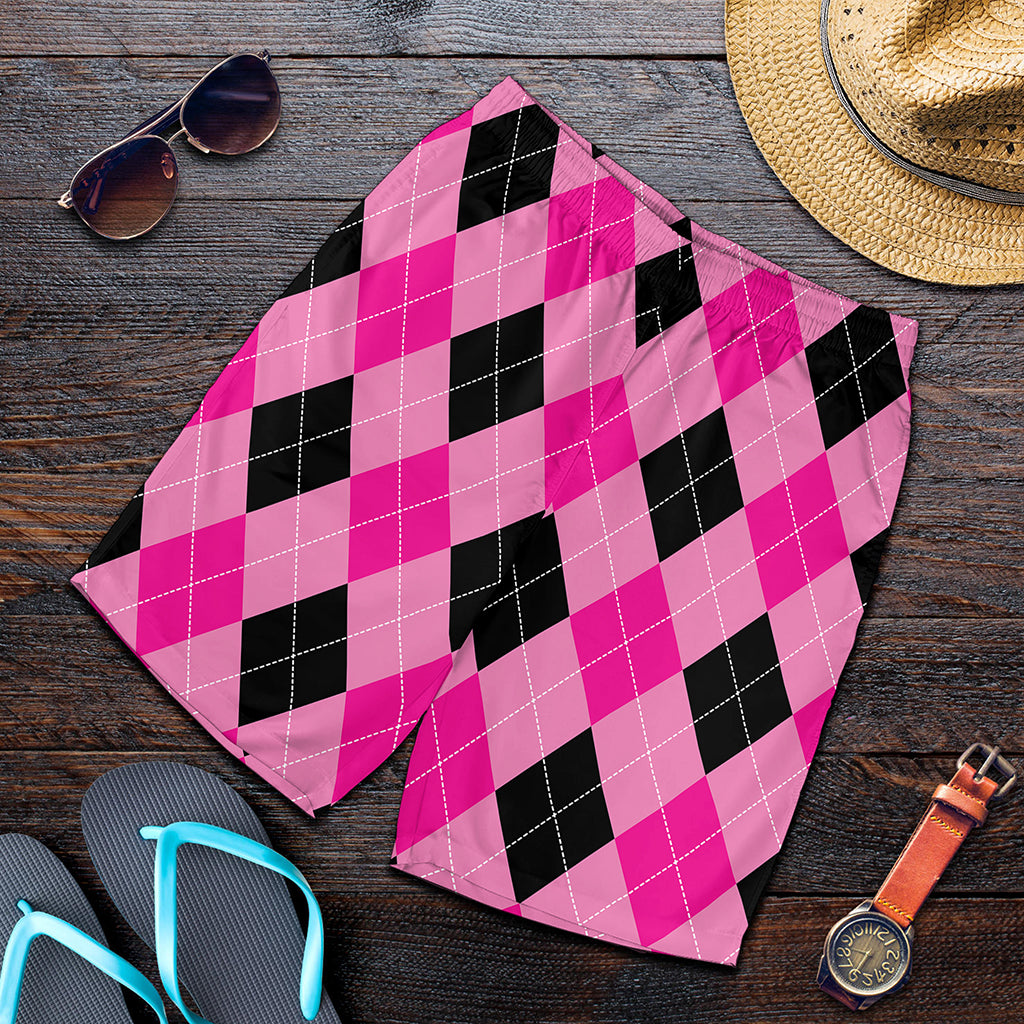 Pink And Black Argyle Pattern Print Men's Shorts