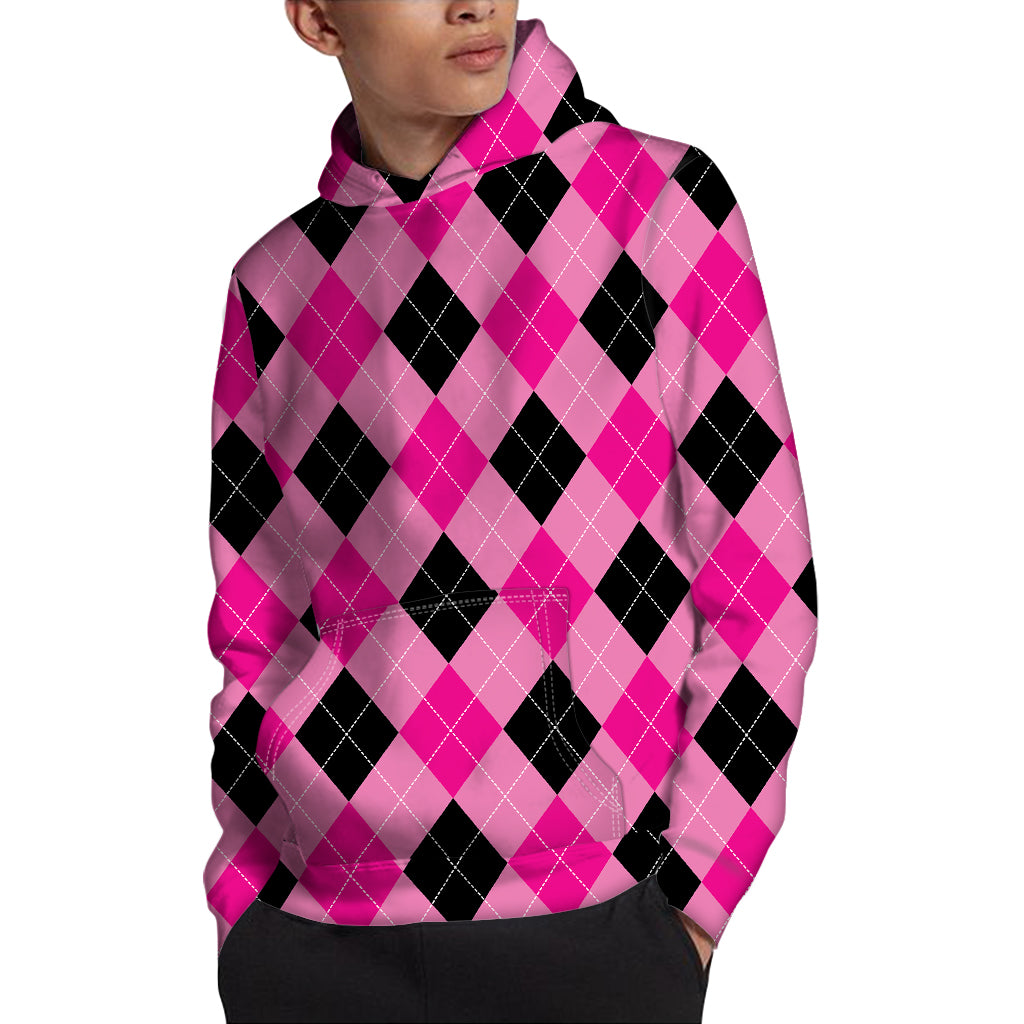 Pink And Black Argyle Pattern Print Pullover Hoodie