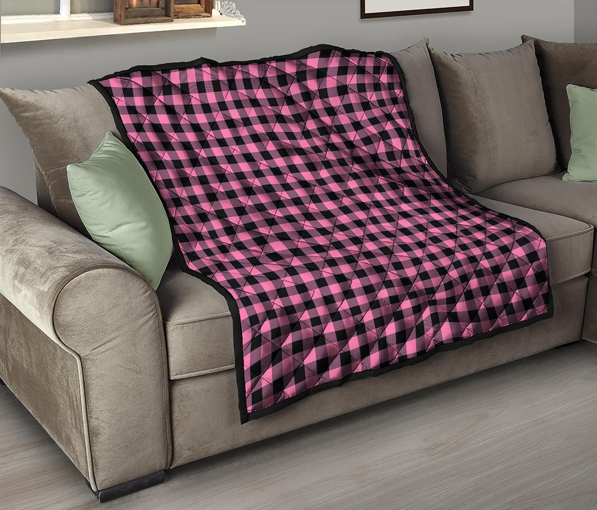 Pink And Black Buffalo Check Print Quilt