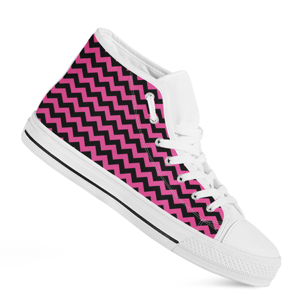 Pink And Black Chevron Pattern Print White High Top Shoes