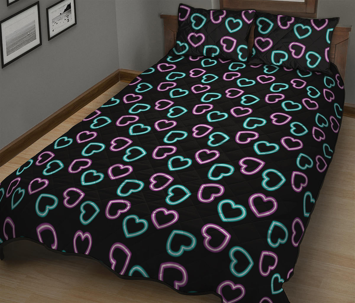Pink And Blue Lights Heart Pattern Print Quilt Bed Set
