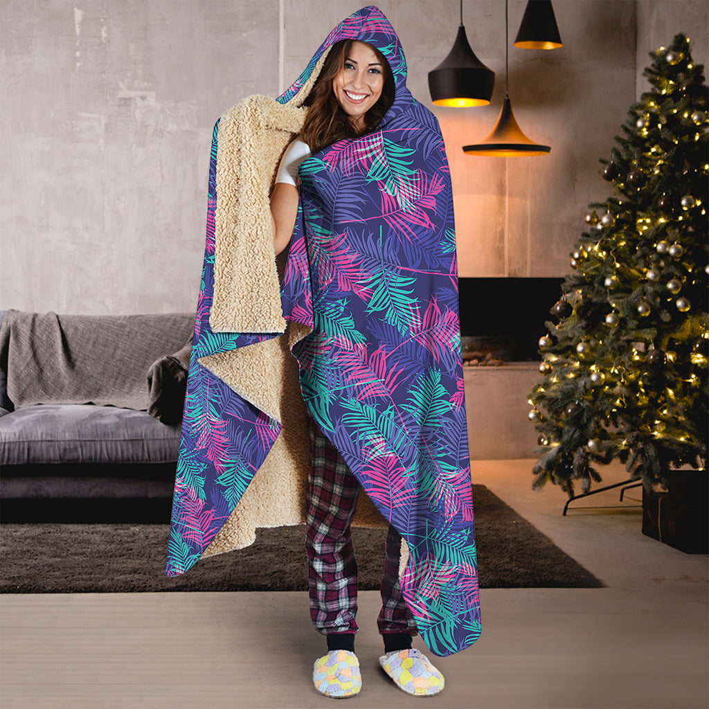 Pink And Blue Tropical Palm Leaf Print Hooded Blanket