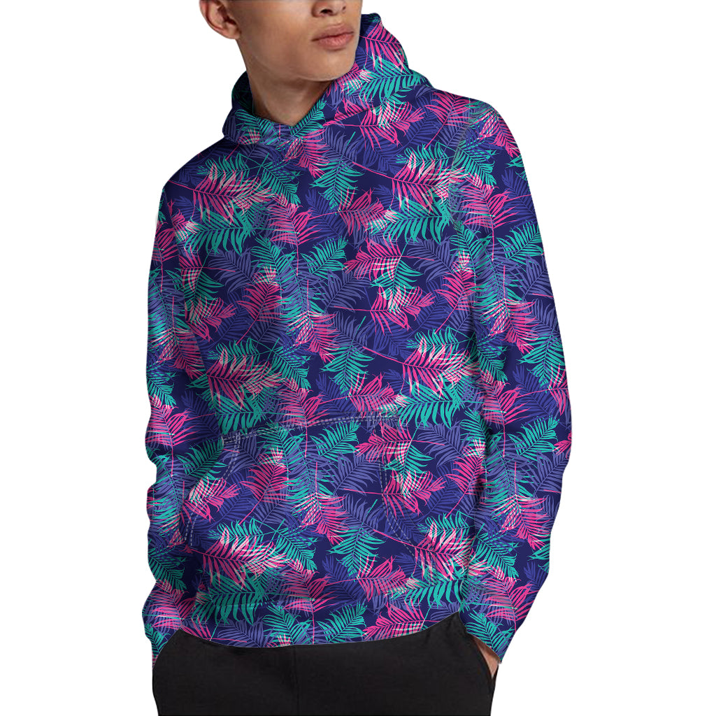Pink And Blue Tropical Palm Leaf Print Pullover Hoodie