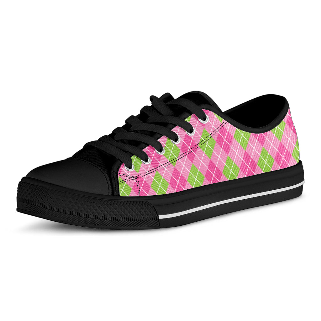 Pink And Green Argyle Pattern Print Black Low Top Shoes