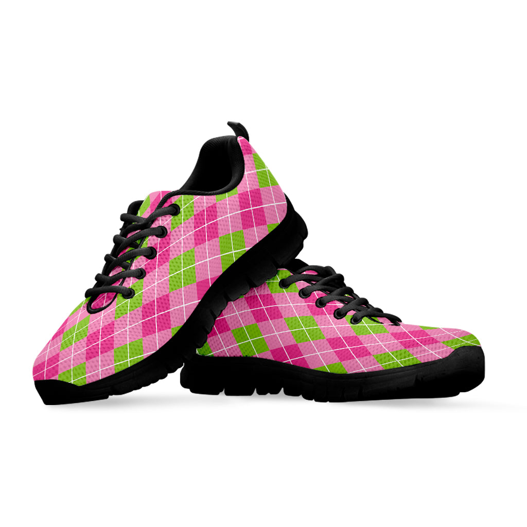 Pink And Green Argyle Pattern Print Black Sneakers