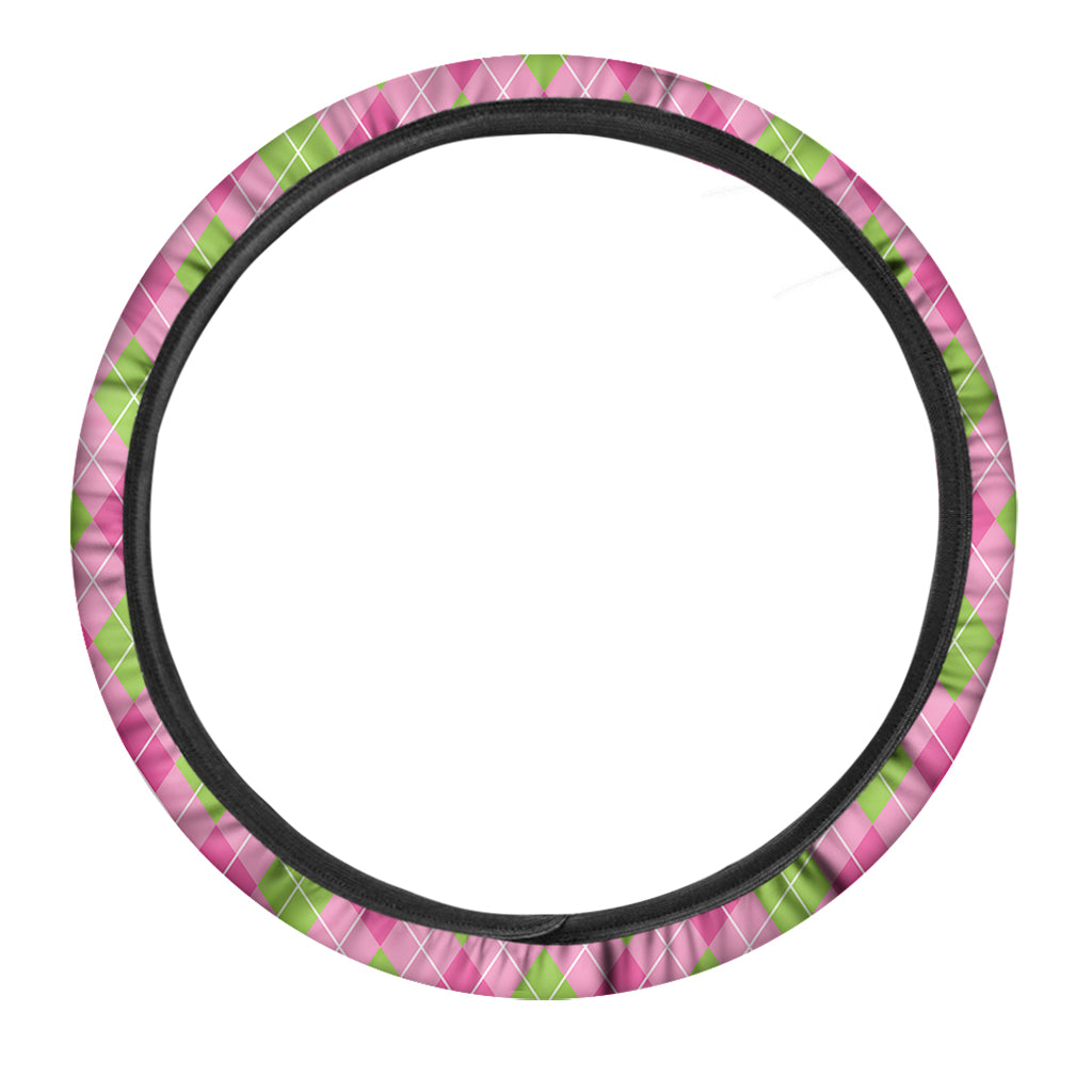 Pink And Green Argyle Pattern Print Car Steering Wheel Cover