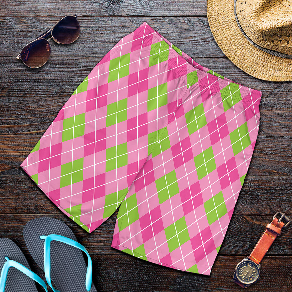 Pink And Green Argyle Pattern Print Men's Shorts