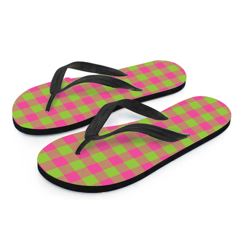 Pink And Green Buffalo Plaid Print Flip Flops
