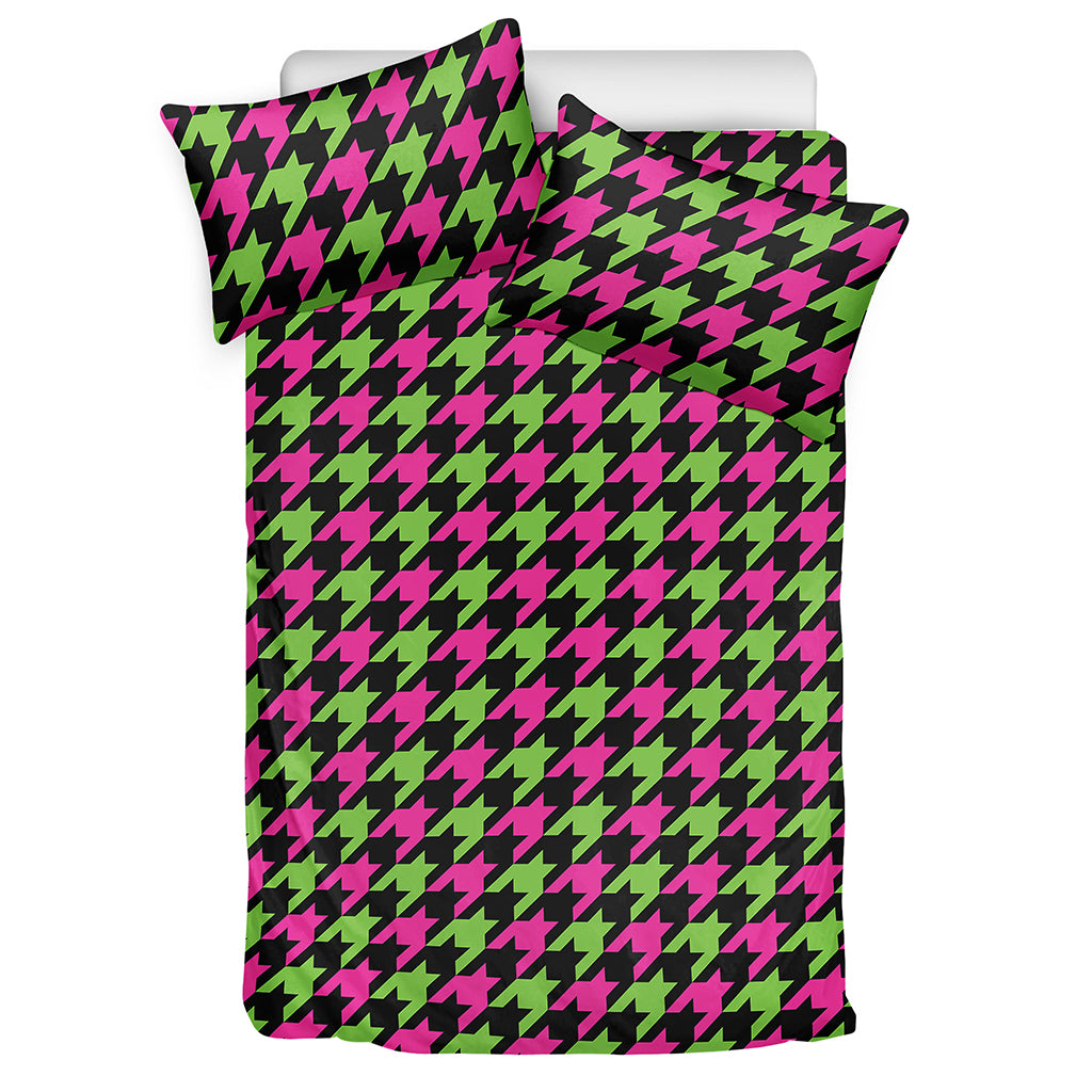 Pink And Green Houndstooth Pattern Print Duvet Cover Bedding Set