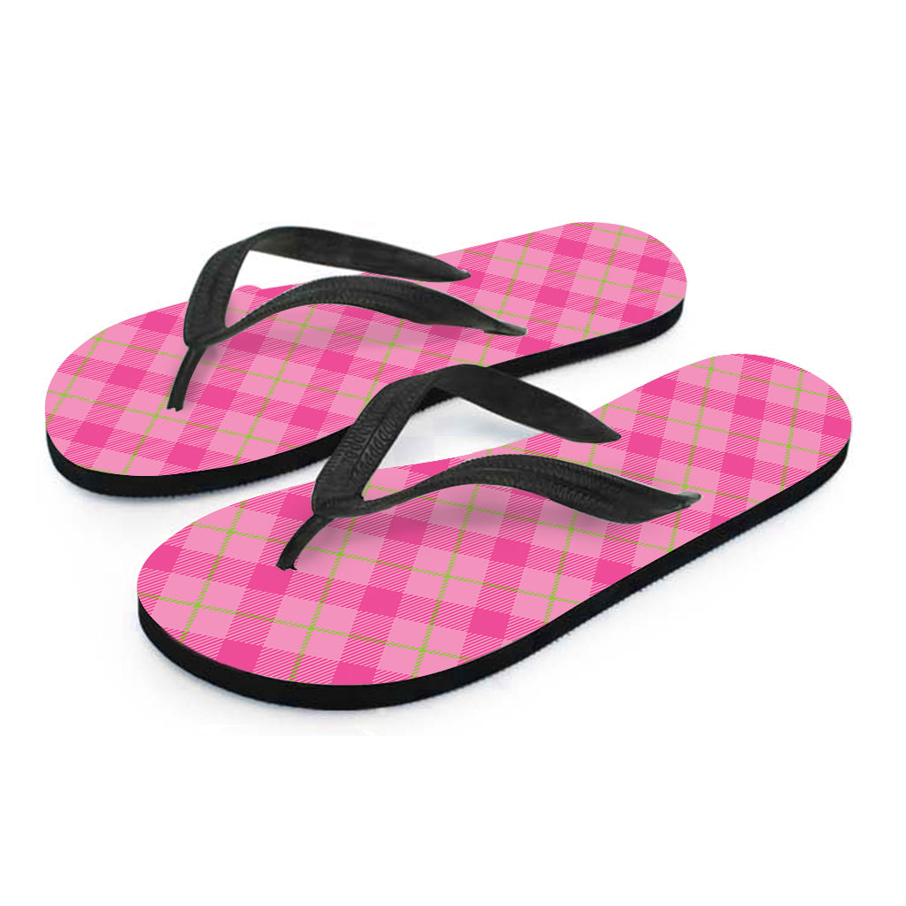 Pink And Green Plaid Pattern Print Flip Flops