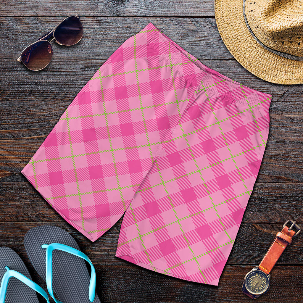 Pink And Green Plaid Pattern Print Men's Shorts
