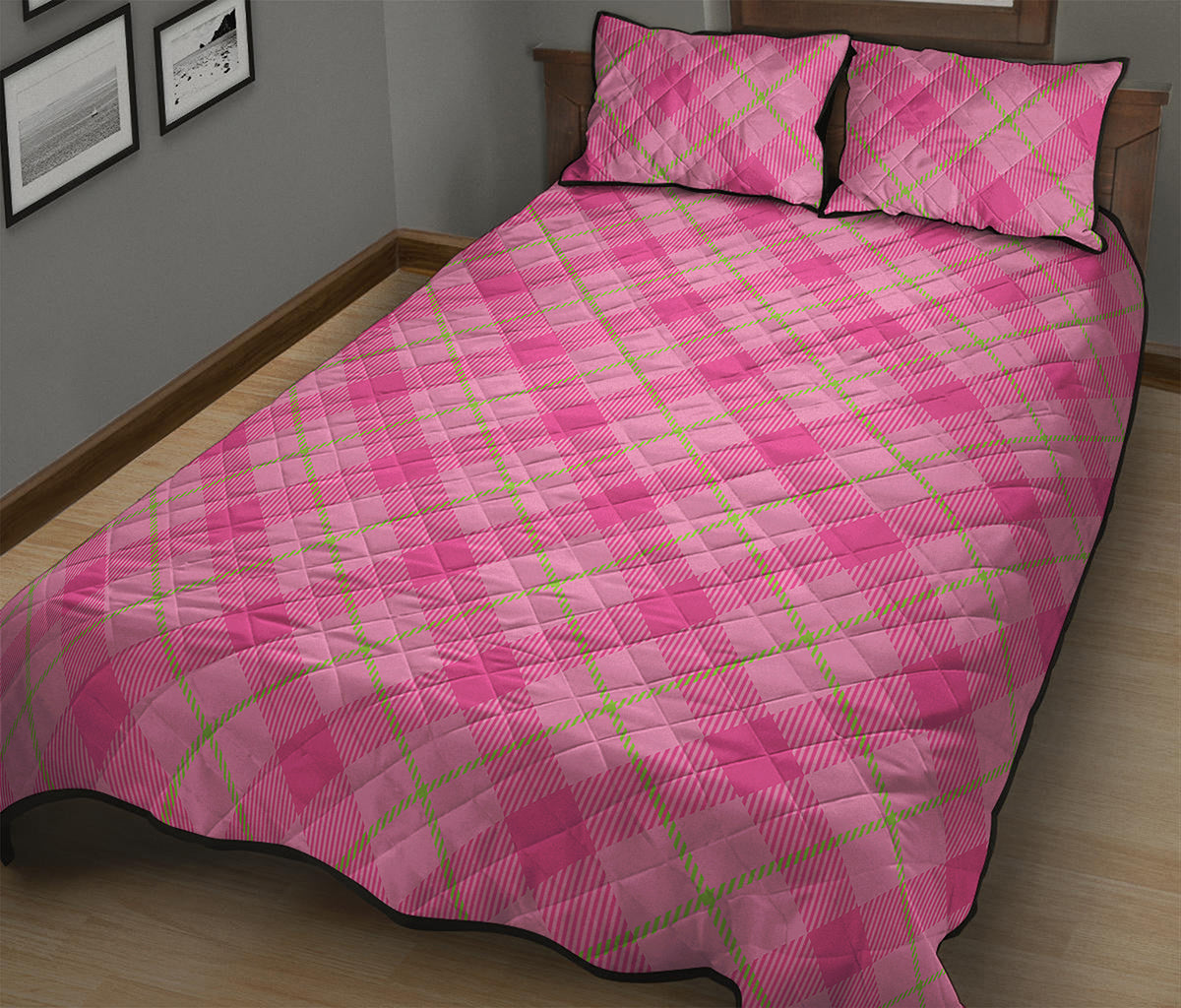 Pink And Green Plaid Pattern Print Quilt Bed Set