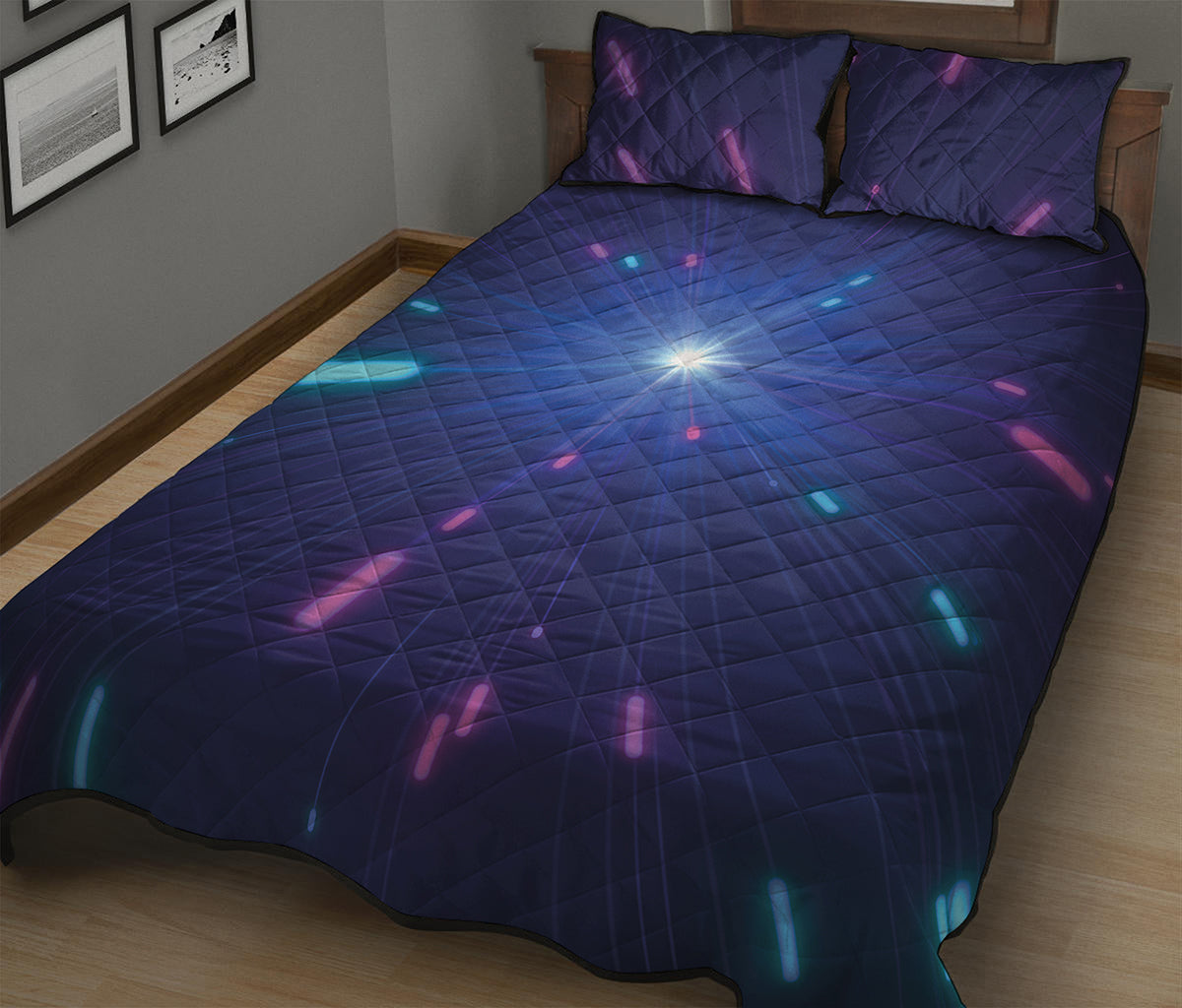 Pink And Teal Lights Speed Print Quilt Bed Set