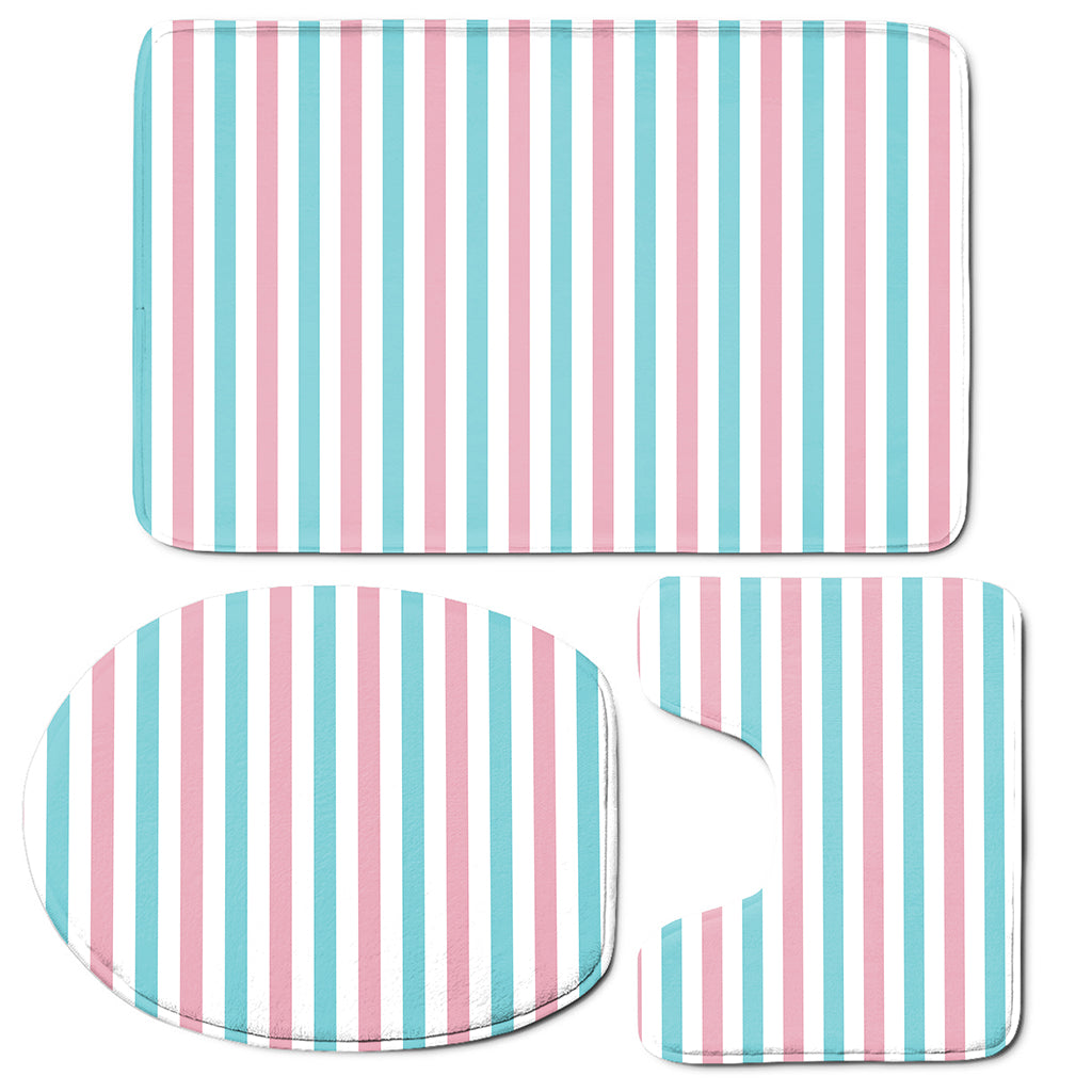Pink And Teal Striped Pattern Print 3 Piece Bath Mat Set