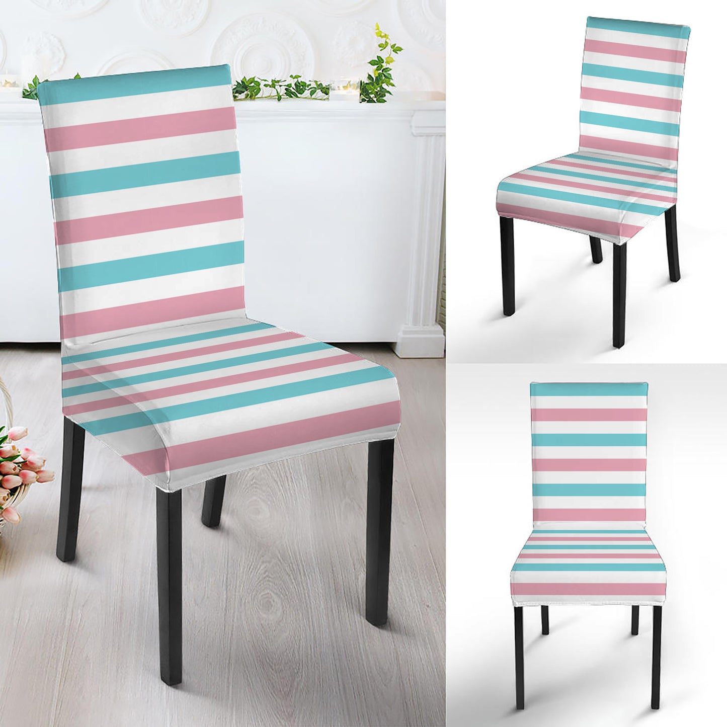 Pink And Teal Striped Pattern Print Dining Chair Slipcover