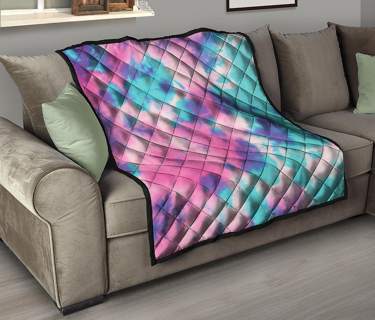 Pink And Teal Tie Dye Print Quilt