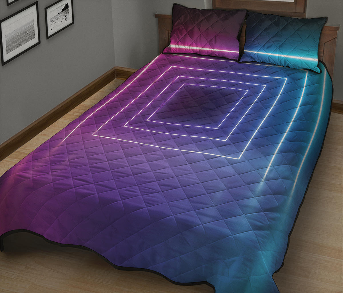 Pink And Teal Tunnel Lights Print Quilt Bed Set