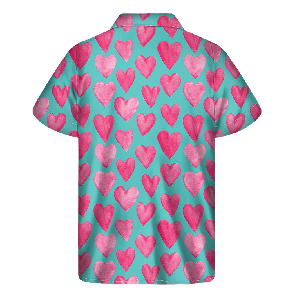 Pink And Teal Watercolor Heart Print Men's Short Sleeve Shirt