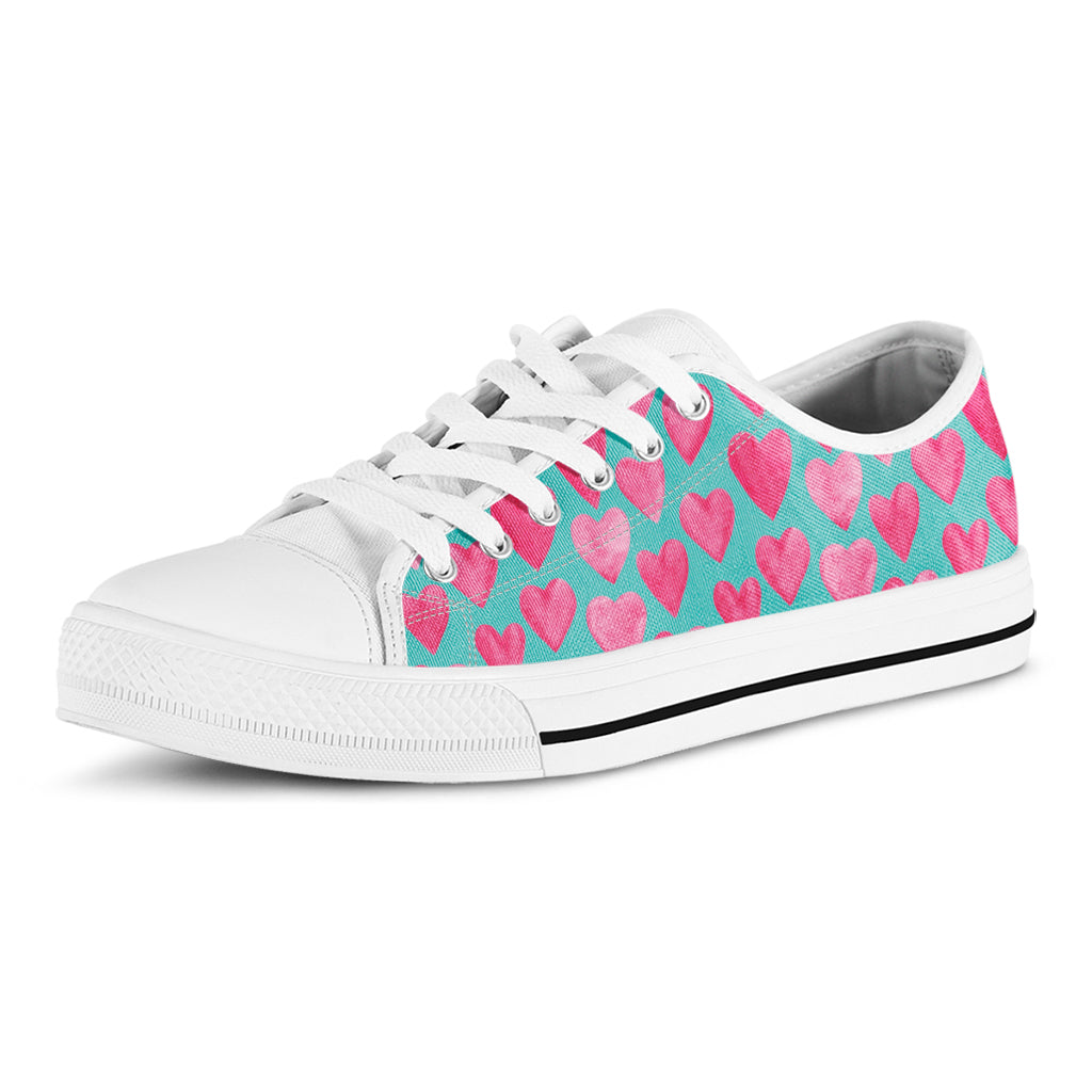 Pink And Teal Watercolor Heart Print White Low Top Shoes