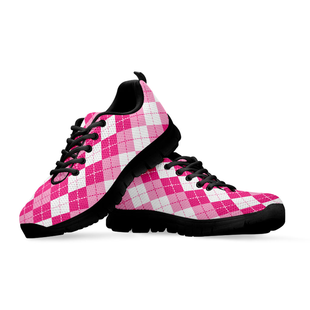 Pink And White Argyle Pattern Print Black Sneakers