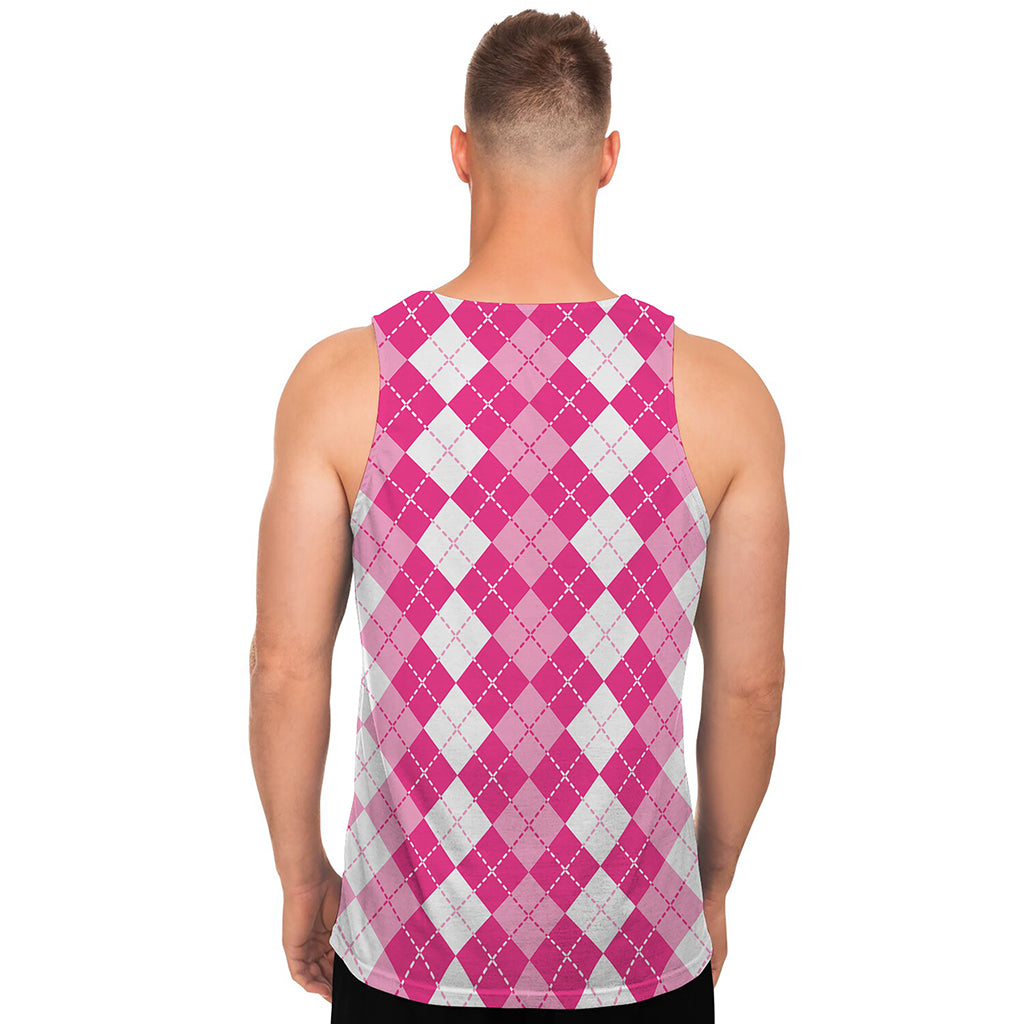Pink And White Argyle Pattern Print Men's Tank Top