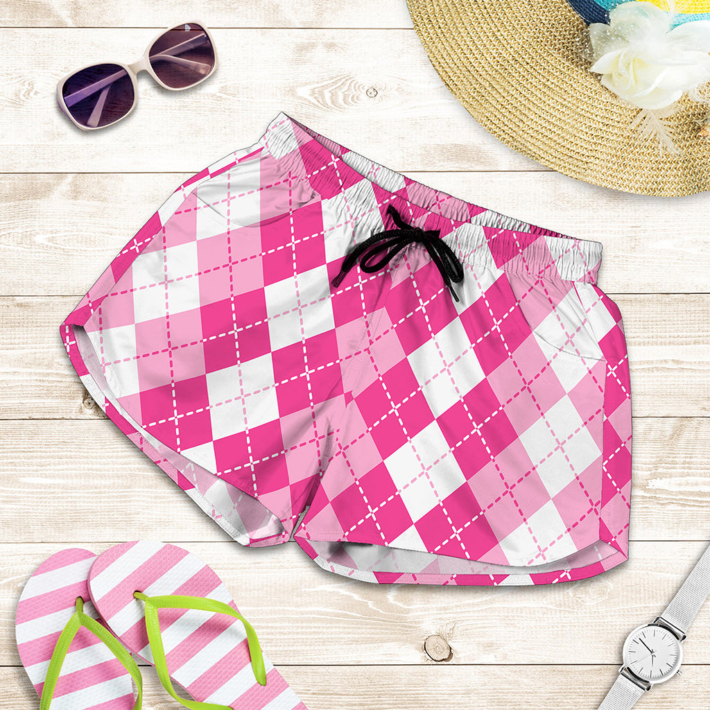 Pink And White Argyle Pattern Print Women's Shorts
