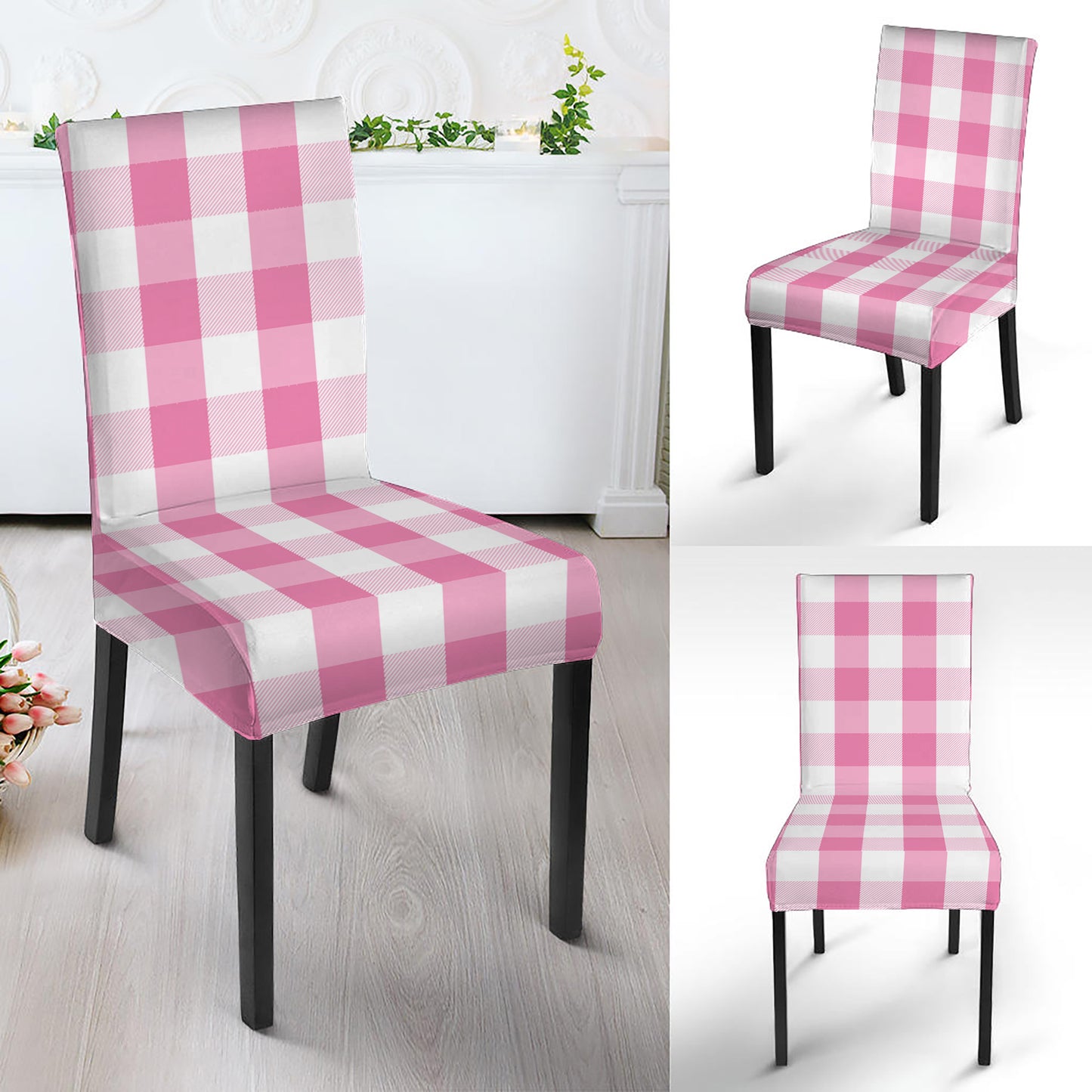 Pink And White Check Pattern Print Dining Chair Slipcover