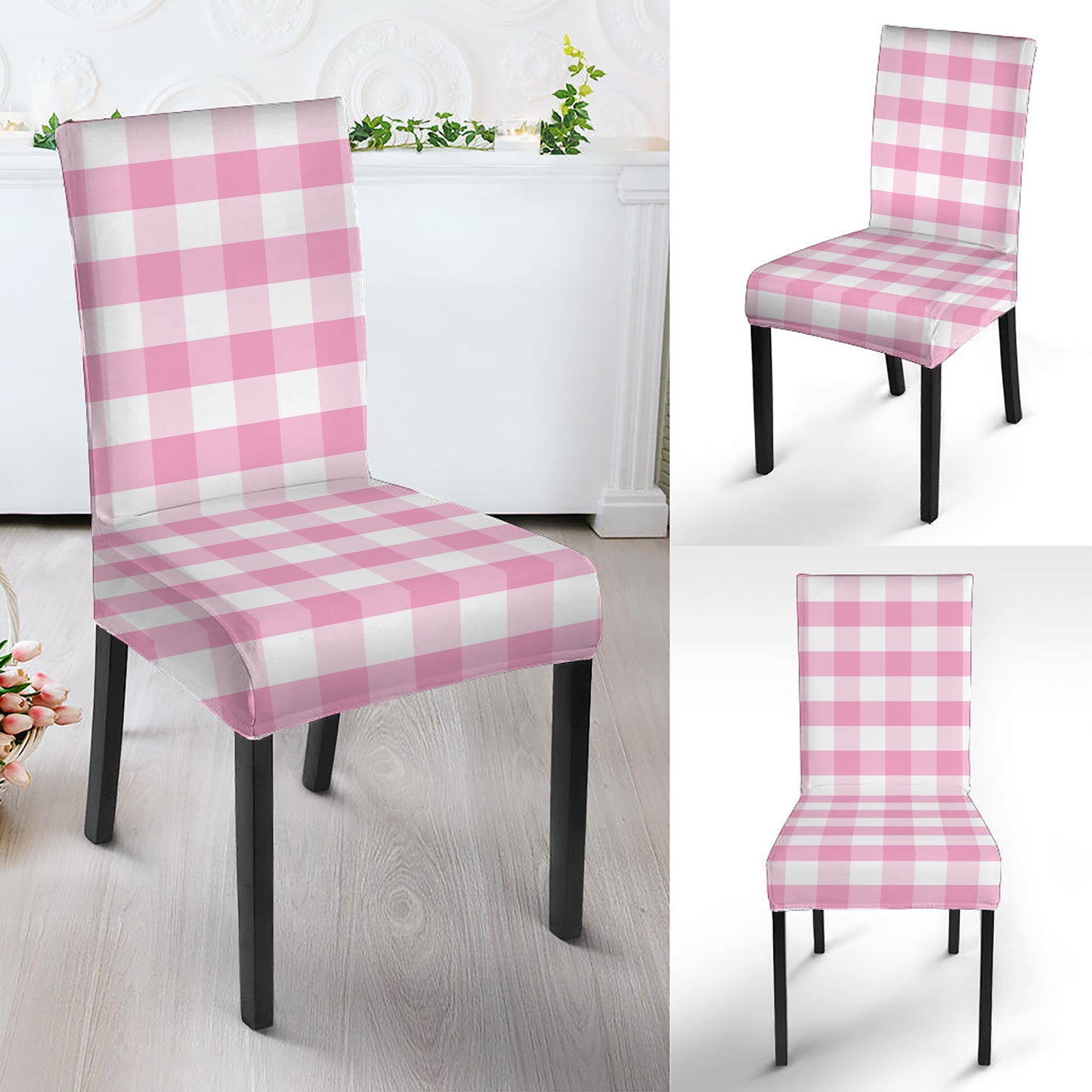 Pink And White Gingham Pattern Print Dining Chair Slipcover