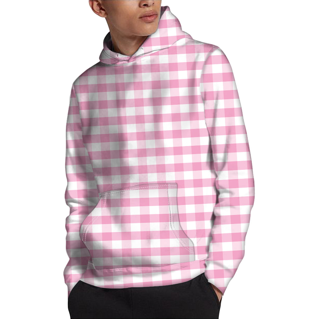 Pink And White Gingham Pattern Print Pullover Hoodie