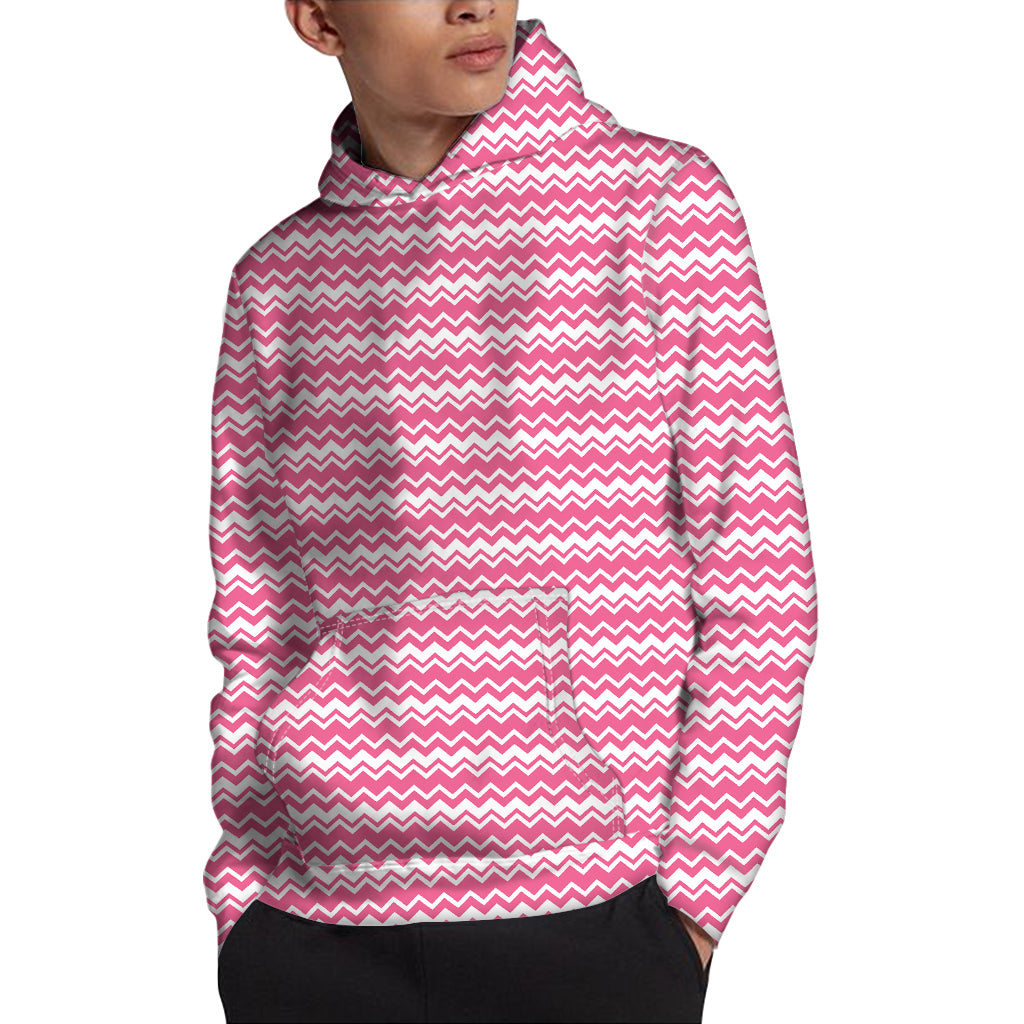 Pink And White Zigzag Pattern Print Pullover Hoodie