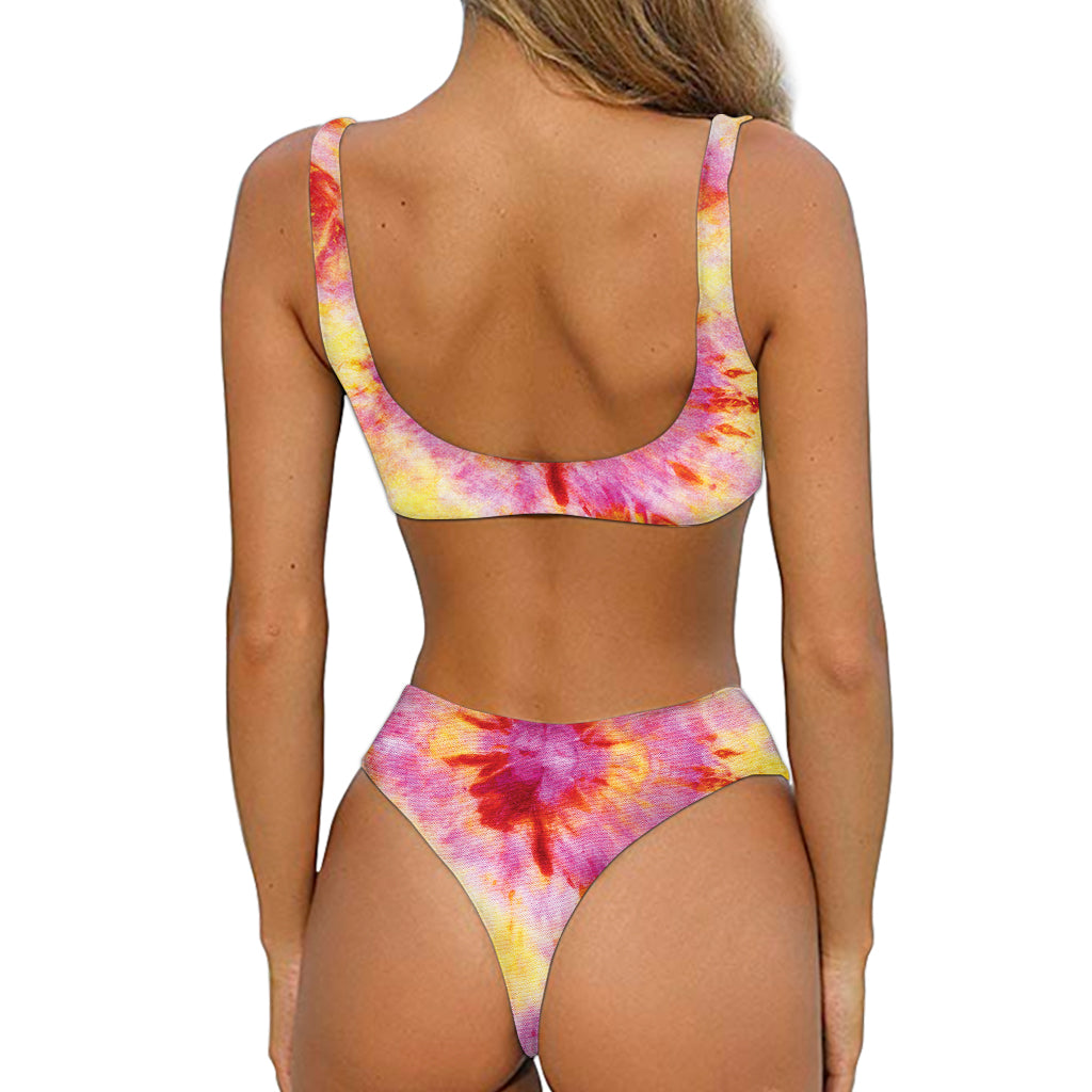 Pink And Yellow Tie Dye Print Front Bow Tie Bikini