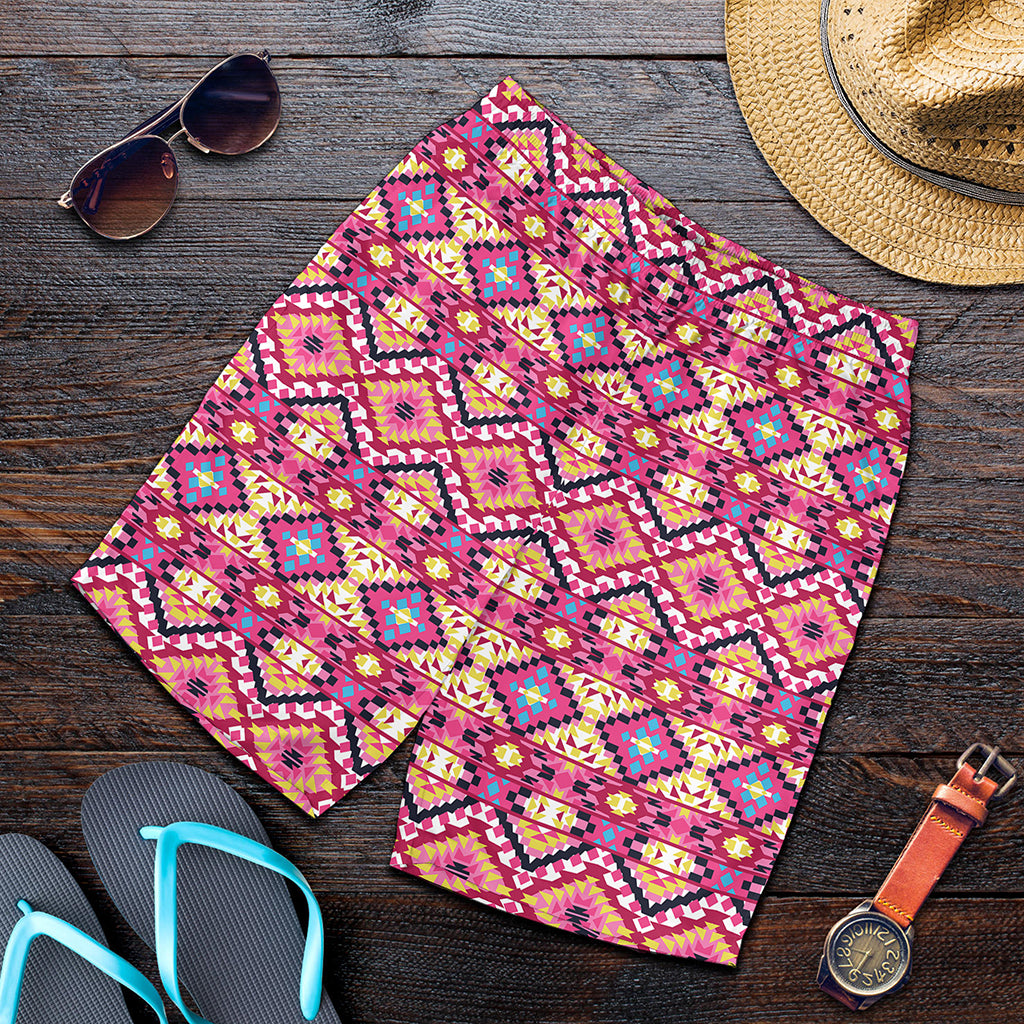 Pink Aztec Geometric Ethnic Pattern Print Men's Shorts