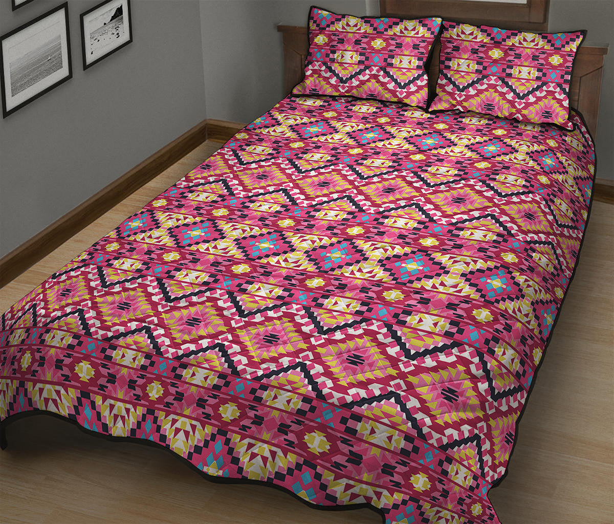 Pink Aztec Geometric Ethnic Pattern Print Quilt Bed Set