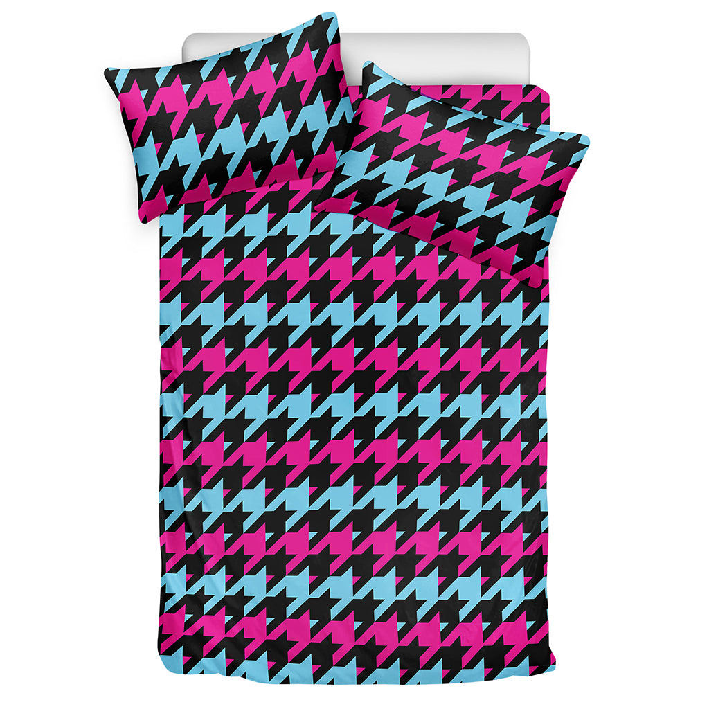 Pink Blue And Black Houndstooth Print Duvet Cover Bedding Set
