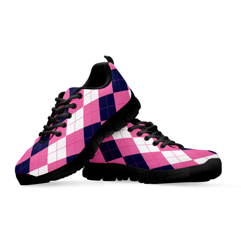 Pink Blue And White Argyle Pattern Print Black Sneakers