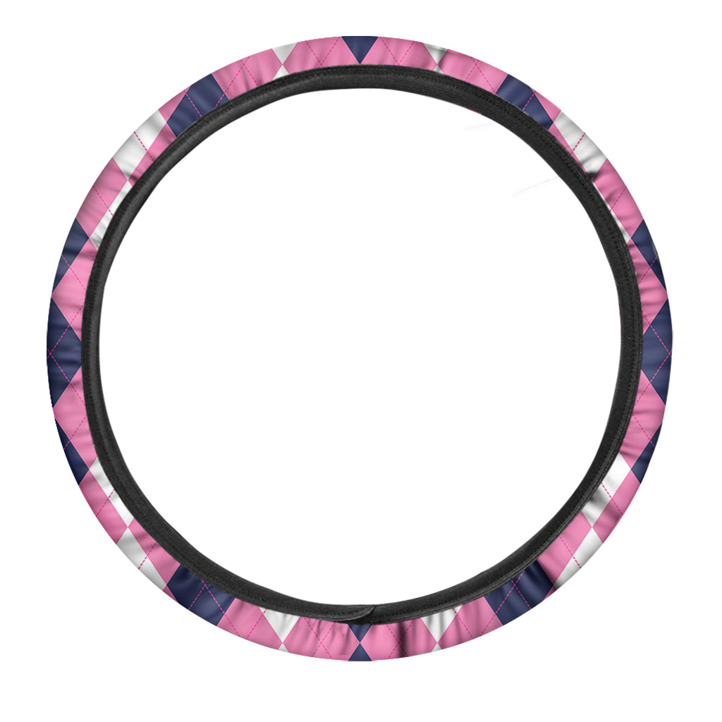 Pink Blue And White Argyle Pattern Print Car Steering Wheel Cover