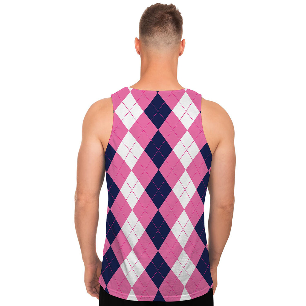 Pink Blue And White Argyle Pattern Print Men's Tank Top