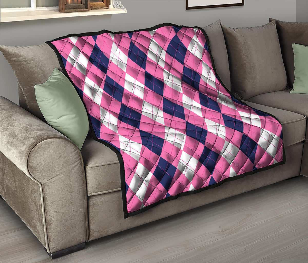 Pink Blue And White Argyle Pattern Print Quilt