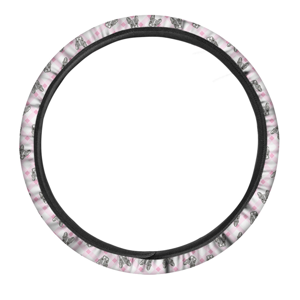 Pink Boston Terrier Plaid Print Car Steering Wheel Cover
