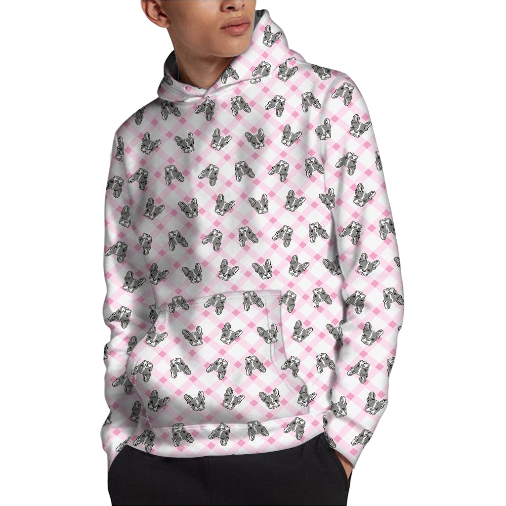 Pink Boston Terrier Plaid Print Pullover Hoodie