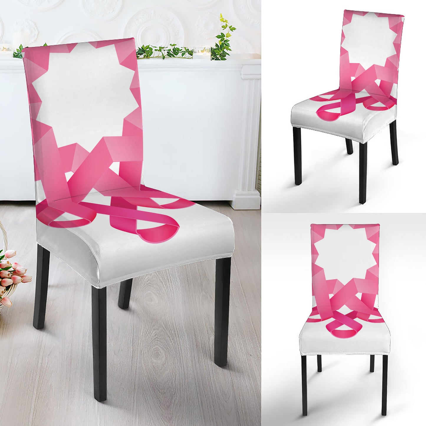 Pink Breast Cancer Ribbon Flower Print Dining Chair Slipcover