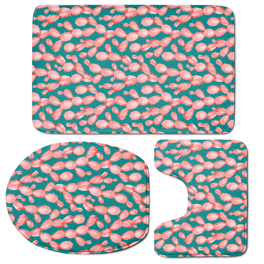 Pink Cactus Pattern Print 3 Piece Bath Mat Set