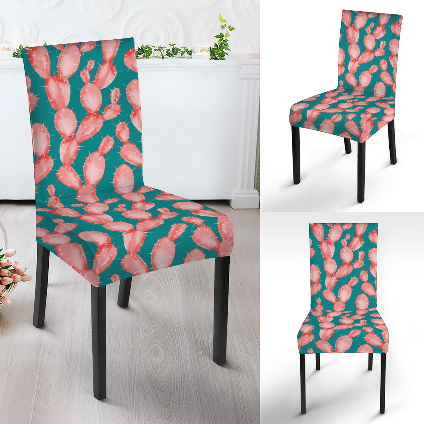 Pink Cactus Pattern Print Dining Chair Slipcover